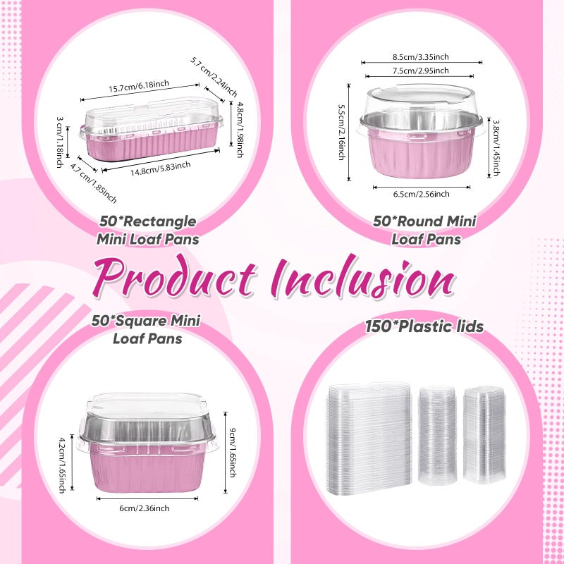 Rtteri 150 Pcs Mini Cake Pans with Lids Disposable Ramekins 6.8 oz 5 oz Aluminum Foil Cupcake Baking Cups, Rectangle Round Square Cupcake Liners Cake Tins for Flan Muffin Dessert Party Favors(Pink) - Image 2