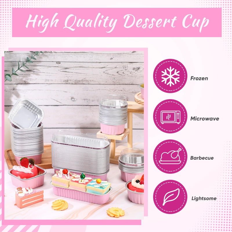 Rtteri 150 Pcs Mini Cake Pans with Lids Disposable Ramekins 6.8 oz 5 oz Aluminum Foil Cupcake Baking Cups, Rectangle Round Square Cupcake Liners Cake Tins for Flan Muffin Dessert Party Favors(Pink) - Image 3