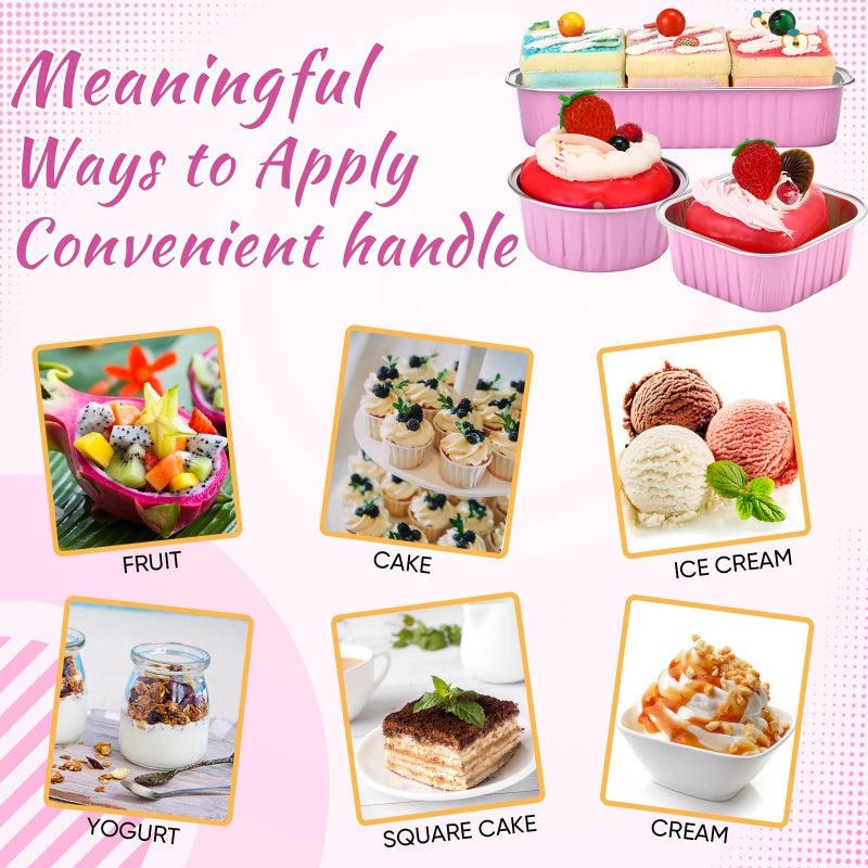 Rtteri 150 Pcs Mini Cake Pans with Lids Disposable Ramekins 6.8 oz 5 oz Aluminum Foil Cupcake Baking Cups, Rectangle Round Square Cupcake Liners Cake Tins for Flan Muffin Dessert Party Favors(Pink) - Image 5