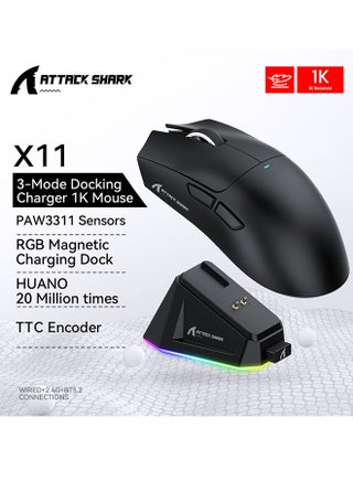 فأرة ألعاب لاسلكية خفيفة الوزن ATTACK SHARK X11 مع قاعدة شحن RGB، وضع ثلاثي - 2.4 جيجاهرتز/USB-C سلكي/بلوتوث، دقة 22 ألف نقطة في البوصة، مستشعر بصري PAW3311، مفتاح HUYU، 5 أزرار قابلة للبرمجة لأجهزة الكمبيوتر/ماك (أسود) - view 2