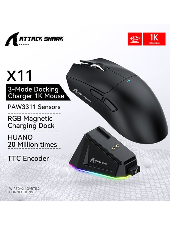 Attack Shark - X11 Lightweight Wireless Gaming Mouse with RGB Charging Dock,Tri-Mode-2.4G/USB-C Wired/BT,22K DPI,PAW3311 Optical Sensor,HUYU Switch,7 programmable Buttons for PC/Mac(Black) - Image 1