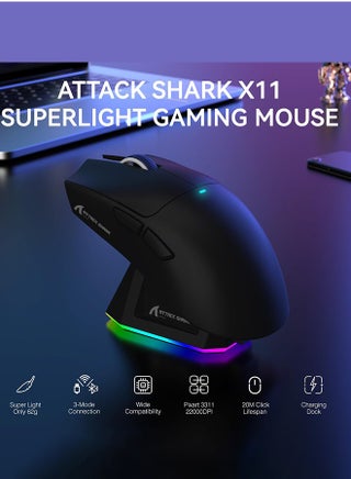 فأرة ألعاب لاسلكية خفيفة الوزن ATTACK SHARK X11 مع قاعدة شحن RGB، وضع ثلاثي - 2.4 جيجاهرتز/USB-C سلكي/بلوتوث، دقة 22 ألف نقطة في البوصة، مستشعر بصري PAW3311، مفتاح HUYU، 5 أزرار قابلة للبرمجة لأجهزة الكمبيوتر/ماك (أسود) - view 5