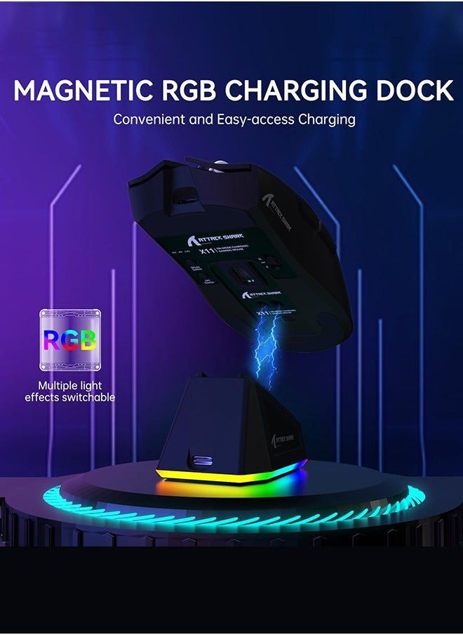 Attack Shark - X11 Lightweight Wireless Gaming Mouse with RGB Charging Dock,Tri-Mode-2.4G/USB-C Wired/BT,22K DPI,PAW3311 Optical Sensor,HUYU Switch,7 programmable Buttons for PC/Mac(Black) - Image 1