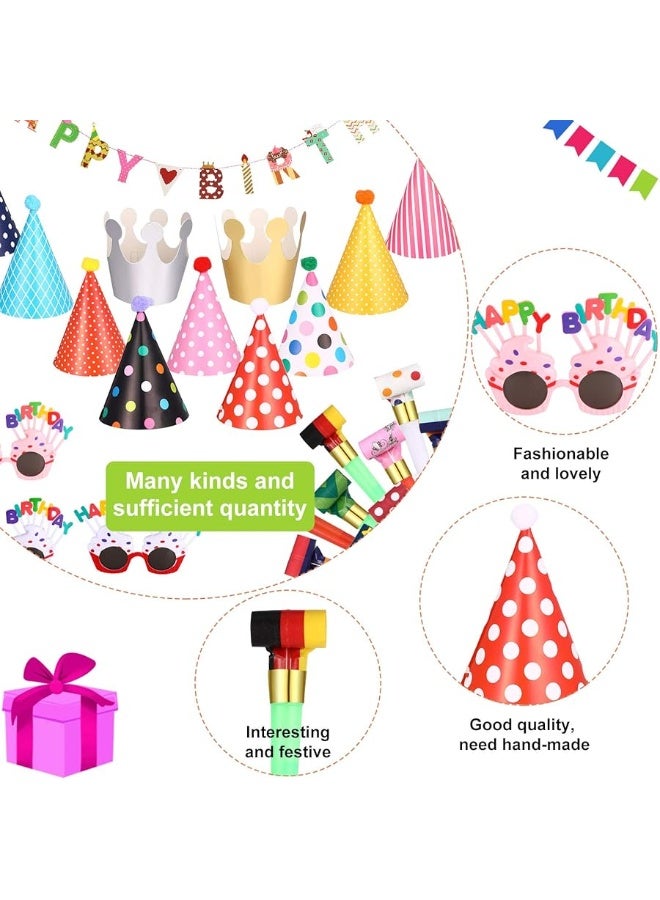 Marspark 25 Pcs Hats Set Includes 1 Colorful Happy Birthday Banner 3 Happy Birthday Glasses 10 Birthday Whistles 11 Adorable Party Cone Hats for Birthday Party Decor (Classic Style) - Image 4