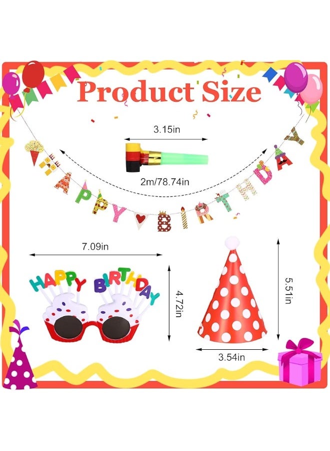 Marspark 25 Pcs Hats Set Includes 1 Colorful Happy Birthday Banner 3 Happy Birthday Glasses 10 Birthday Whistles 11 Adorable Party Cone Hats for Birthday Party Decor (Classic Style) - Image 2