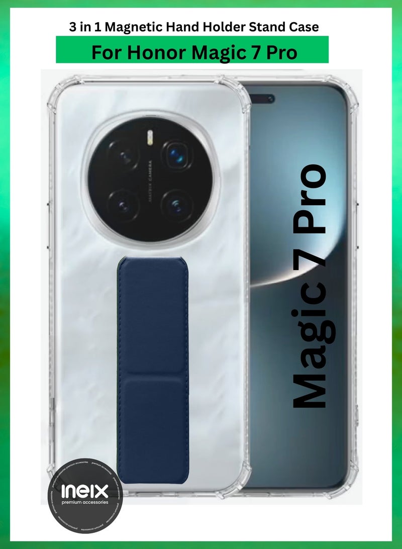 INEIX 3-in-1 Magnetic Transparent Wrist Strap Hand Grip Stand Back Case Cover for Honor Magic 7 Pro, Finger Grip Soft Cover,Stand Holder TPU Case,Kickstand-Clear/Navy Blue - Image 1