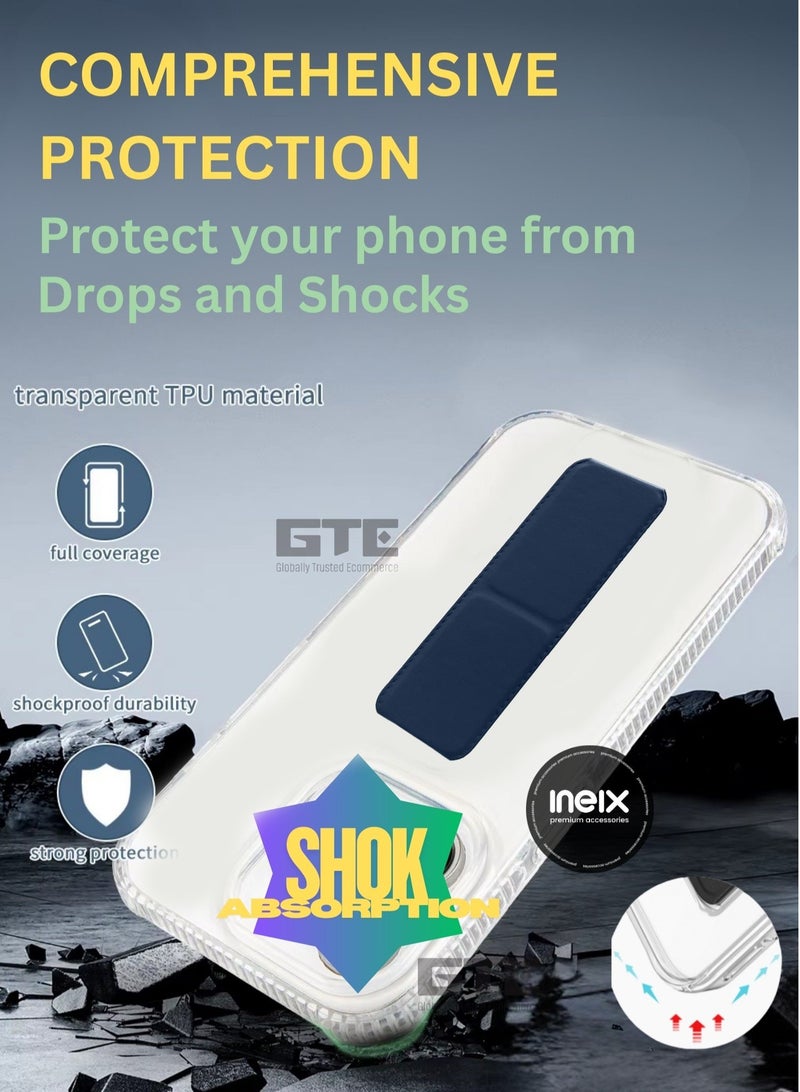INEIX 3-in-1 Magnetic Transparent Wrist Strap Hand Grip Stand Back Case Cover for Honor Magic 7 Pro, Finger Grip Soft Cover,Stand Holder TPU Case,Kickstand-Clear/Navy Blue - Image 3