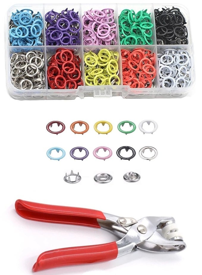 100 SETS SEWING SNAPS FASTENERS KIT 9.5MM METAL PRONG RING BUTTON WITH FASTENER PLIERS TOOL FOR SEWING AND CRAFTING