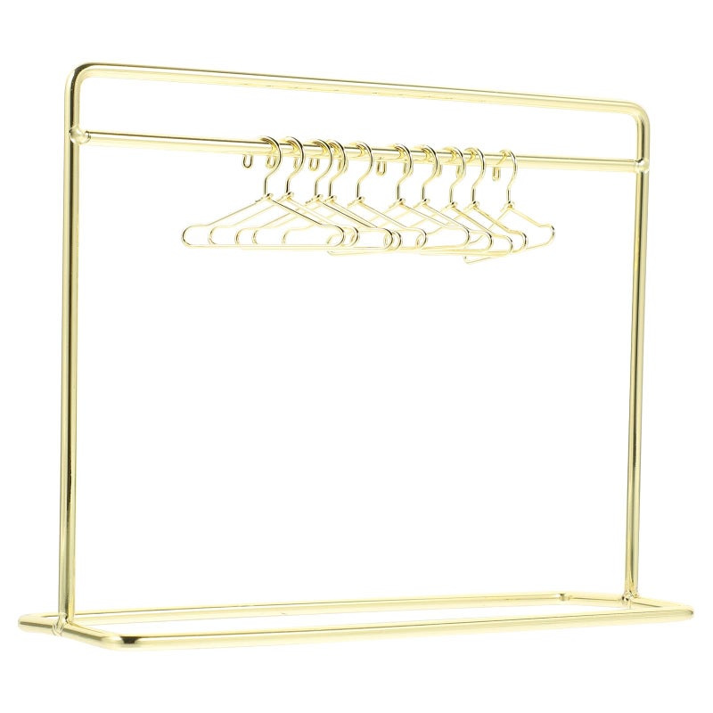 STOBOK Miniature Doll Garment Rack Set Mini Doll Dress Clothing Display Rack with 10Pcs Mini Dollhouse Clothes Hangers for Dollhouse Furniture Accessories Supplies, Golden - Image 1