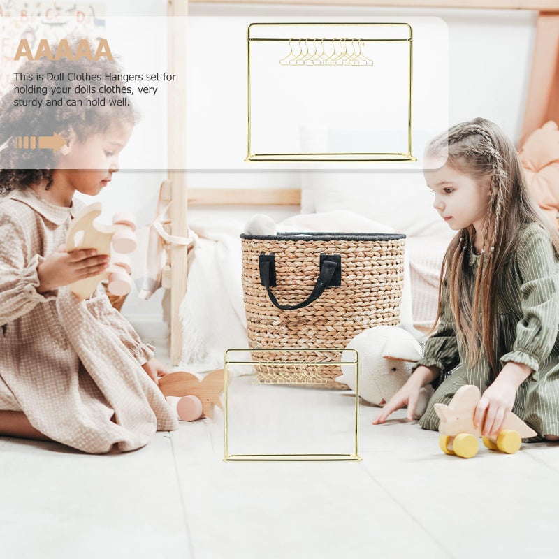 STOBOK Miniature Doll Garment Rack Set Mini Doll Dress Clothing Display Rack with 10Pcs Mini Dollhouse Clothes Hangers for Dollhouse Furniture Accessories Supplies, Golden - Image 4