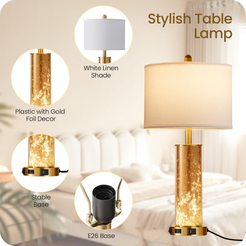 GOEBLESON 25.6" Gold Table Lamps Set of 2, Tall Bedside Lamps with Nightlight, Modern Nightstand Lamp with USB Ports, Desk Lamp for Bedroom, Living Room, Office, LED Bulbs Included W01TL05 - Image 5