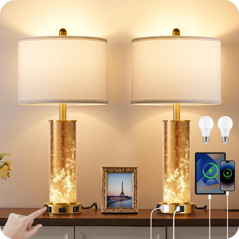GOEBLESON 25.6" Gold Table Lamps Set of 2, Tall Bedside Lamps with Nightlight, Modern Nightstand Lamp with USB Ports, Desk Lamp for Bedroom, Living Room, Office, LED Bulbs Included W01TL05 - Image 1