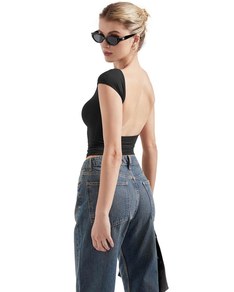 SUUKSESS Women Backless Sexy Going Out Crop Tops Double Lined Open Back Y2k Basic Tee Shirts (Jet Black, L) - Image 2