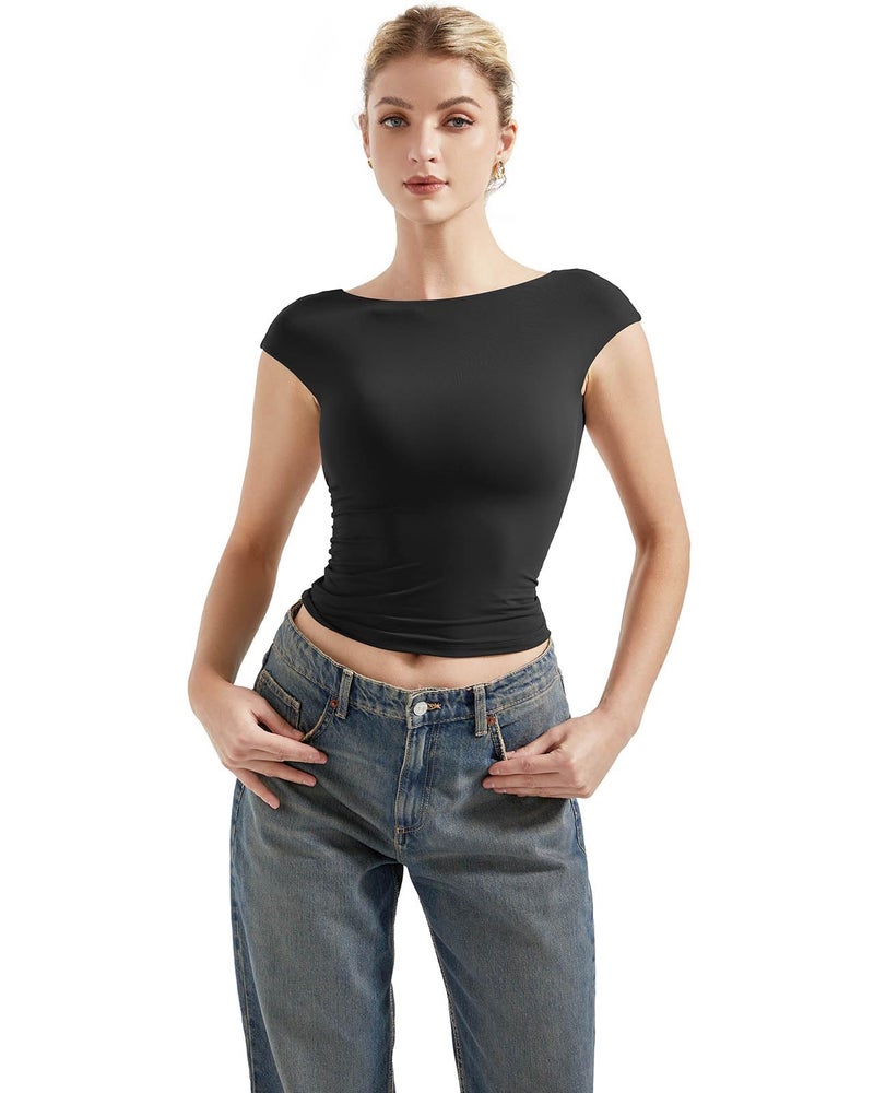 SUUKSESS Women Backless Sexy Going Out Crop Tops Double Lined Open Back Y2k Basic Tee Shirts (Jet Black, L) - Image 3