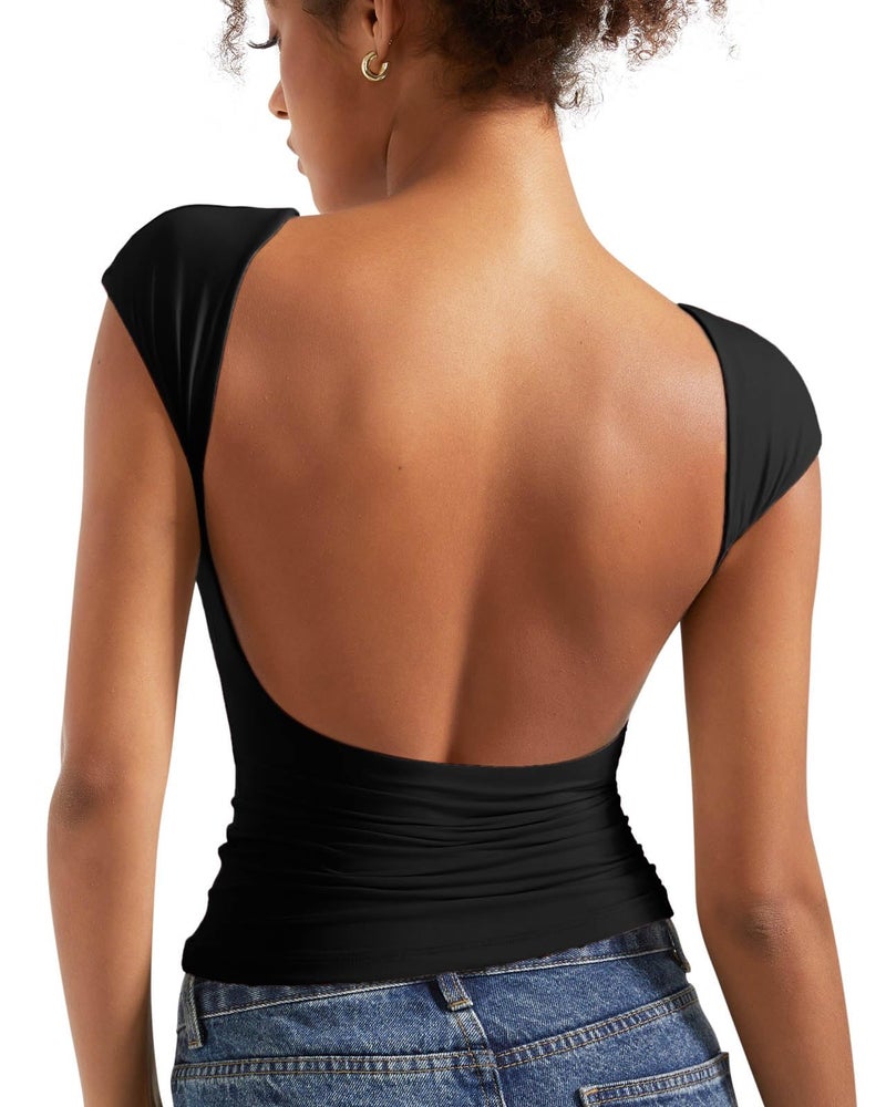 SUUKSESS Women Backless Sexy Going Out Crop Tops Double Lined Open Back Y2k Basic Tee Shirts (Jet Black, L) - Image 1