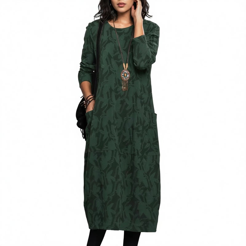 Printed Round Neck Long Sleeve Pocket Casual Dress - Image 1