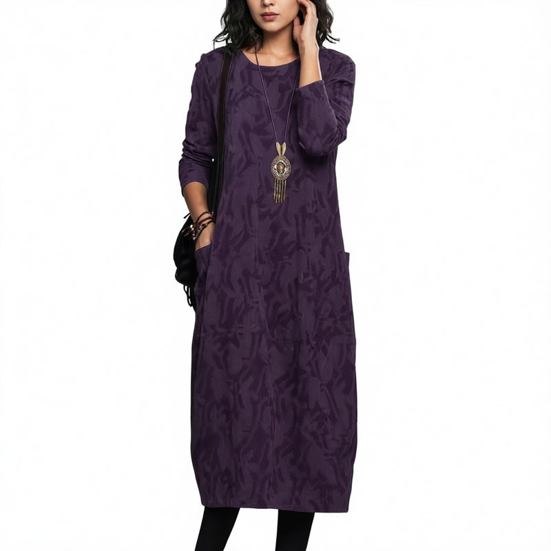 Printed Round Neck Long Sleeve Pocket Casual Dress - Image 4