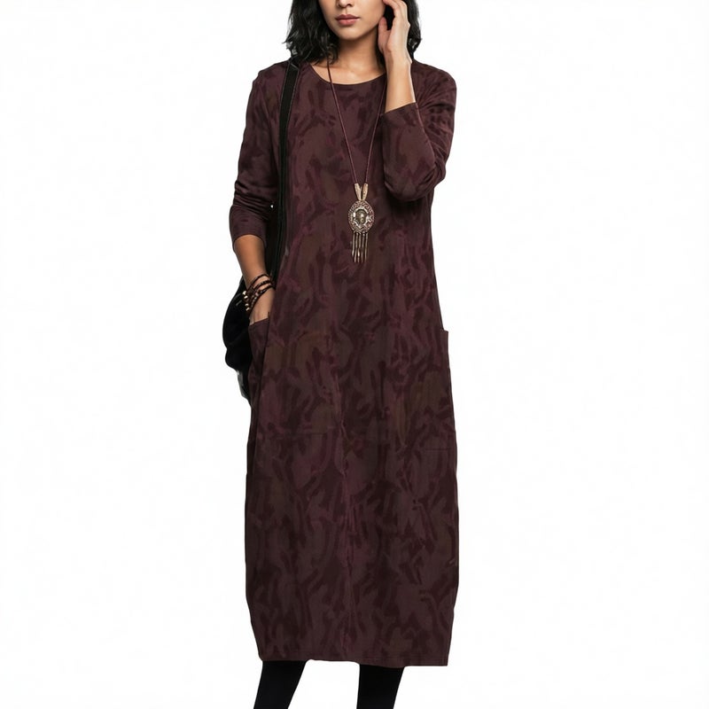 Printed Round Neck Long Sleeve Pocket Casual Dress - Image 5