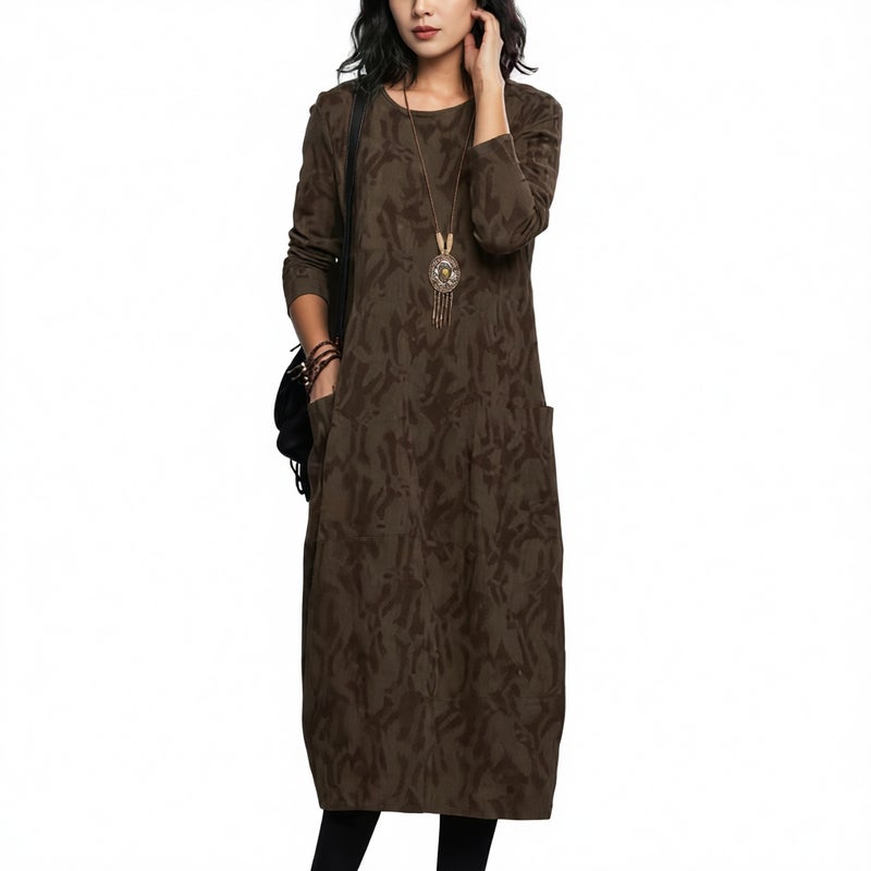 Printed Round Neck Long Sleeve Pocket Casual Dress - Image 2