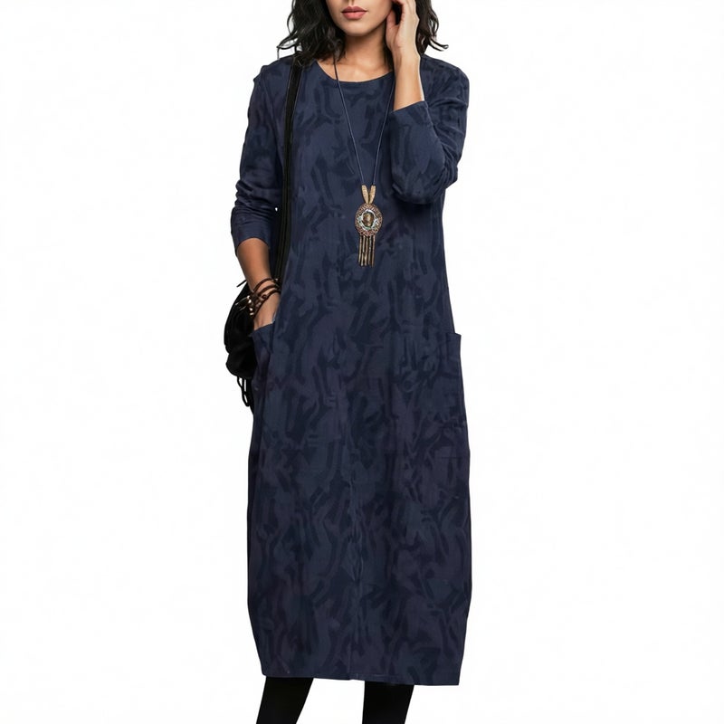 Printed Round Neck Long Sleeve Pocket Casual Dress - Image 3