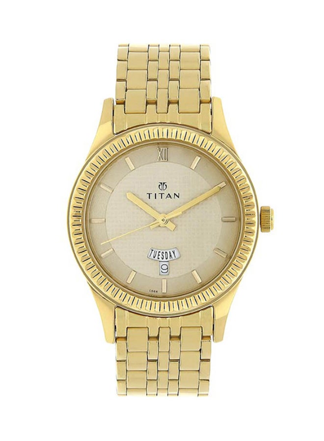 TITAN ساعة تيتان ريجاليا التناظرية بقرص دائري أبيض وحزام ذهبي للرجال - Image 1