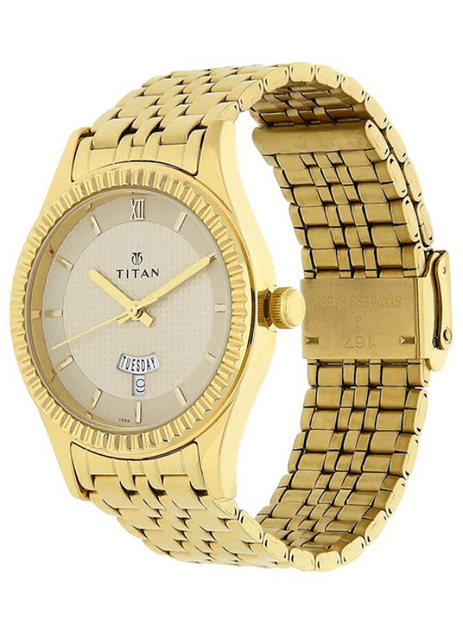 TITAN ساعة تيتان ريجاليا التناظرية بقرص دائري أبيض وحزام ذهبي للرجال - Image 2