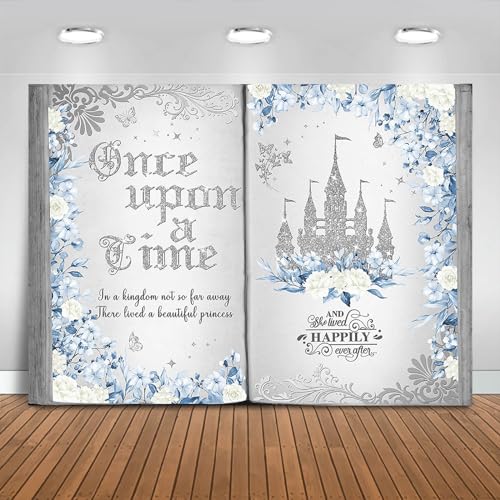 Fitumiw Once Upon a Time Backdrop 7x5ft Blue Floral Silver Castle Princess Fairy Tale Book Birthday Background Party Decorations for Girl Opening Magic Book Romantic Story Wall Decor Banner - Image 1