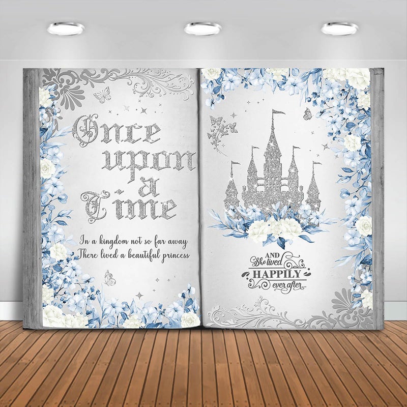 Fitumiw Once Upon a Time Backdrop 7x5ft Blue Floral Silver Castle Princess Fairy Tale Book Birthday Background Party Decorations for Girl Opening Magic Book Romantic Story Wall Decor Banner - Image 2