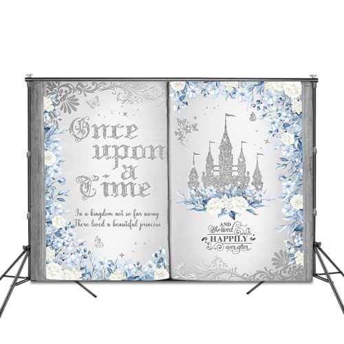 Fitumiw Once Upon a Time Backdrop 7x5ft Blue Floral Silver Castle Princess Fairy Tale Book Birthday Background Party Decorations for Girl Opening Magic Book Romantic Story Wall Decor Banner - Image 3