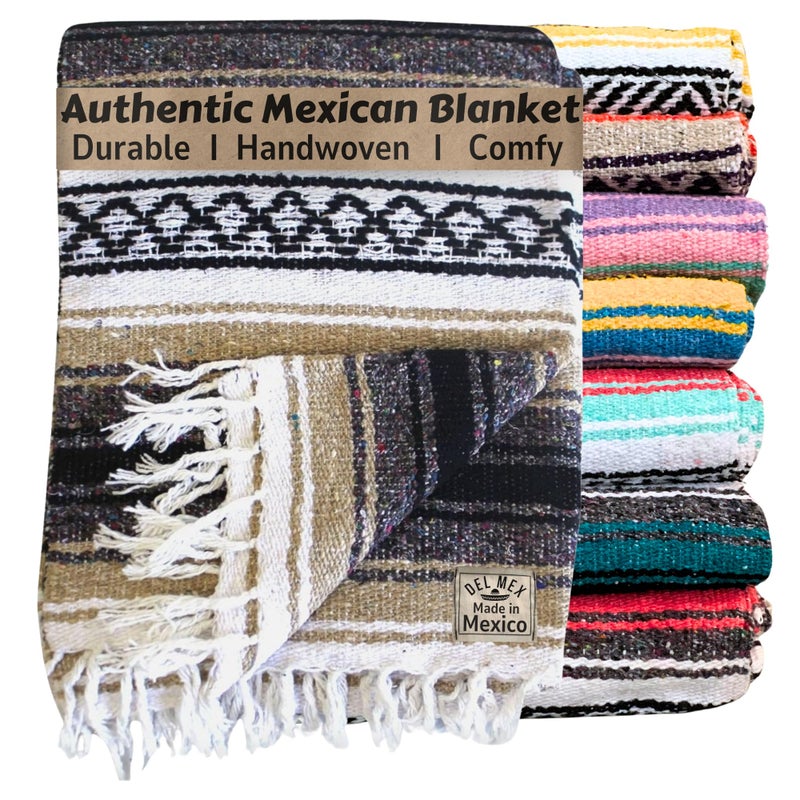 Del Mex Classic Mexican Blanket, Large Authentic Woven Falsa Throw (70"x50"), Artisan Southwest DÃ©cor for Beach, Yoga, Outdoors (Tan) - Image 1