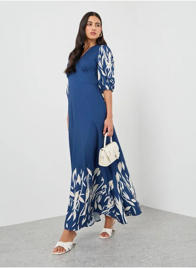 Styli Styli Printed Balloon Sleeves A-Line Maxi Dress