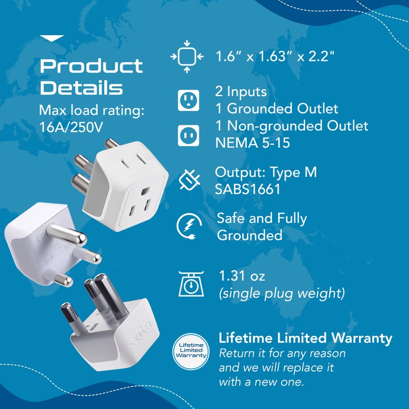 Ceptics South Africa, Namibia Travel Adapter Plug with Dual Usa Input - Type M - Ultra Compact - Safe Grounded Perfect for Cell Phones, Laptops, Camera Chargers and More 3 Pack (CT-10L) - Image 4