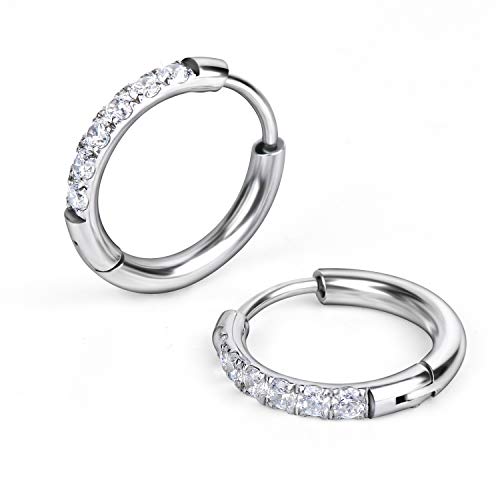 Showself Surgical Steel CZ Huggie Hoop Earrings Hypoallergenic, 18G Conch Piercing Jewelry, Small Silver Cubic Zirconia Earrings, Hinged Endless Ear Hoops, Little Hug Hoop Earrings for Women Men 12mm - Image 1