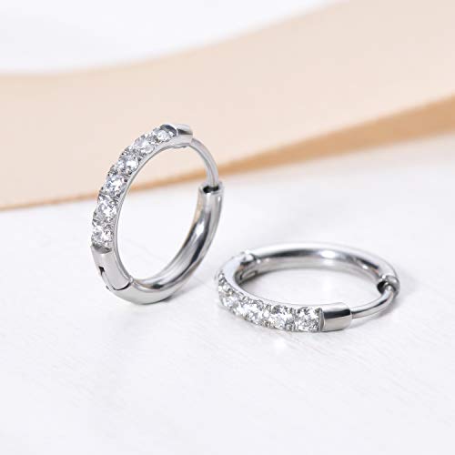Showself Surgical Steel CZ Huggie Hoop Earrings Hypoallergenic, 18G Conch Piercing Jewelry, Small Silver Cubic Zirconia Earrings, Hinged Endless Ear Hoops, Little Hug Hoop Earrings for Women Men 12mm - Image 3