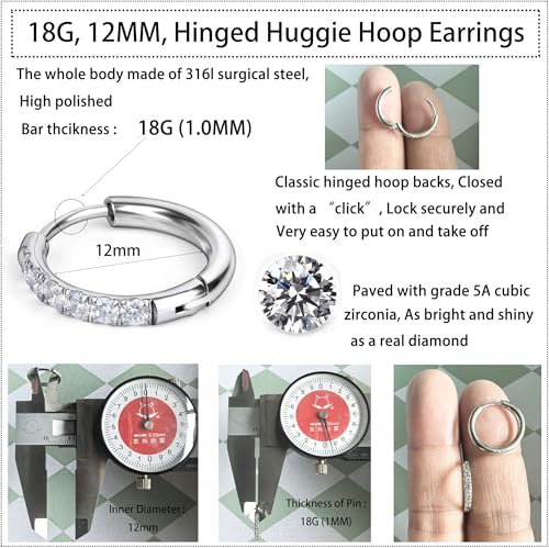 Showself Surgical Steel CZ Huggie Hoop Earrings Hypoallergenic, 18G Conch Piercing Jewelry, Small Silver Cubic Zirconia Earrings, Hinged Endless Ear Hoops, Little Hug Hoop Earrings for Women Men 12mm - Image 4