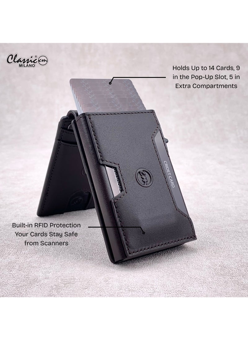 Classic Milano - Classic Milano Credit Card Holder RFID Blocking Genuine Leather Pop Up Card Wallet for Men with ID Window, Card Slots and Magnetic Closure - Image 1
