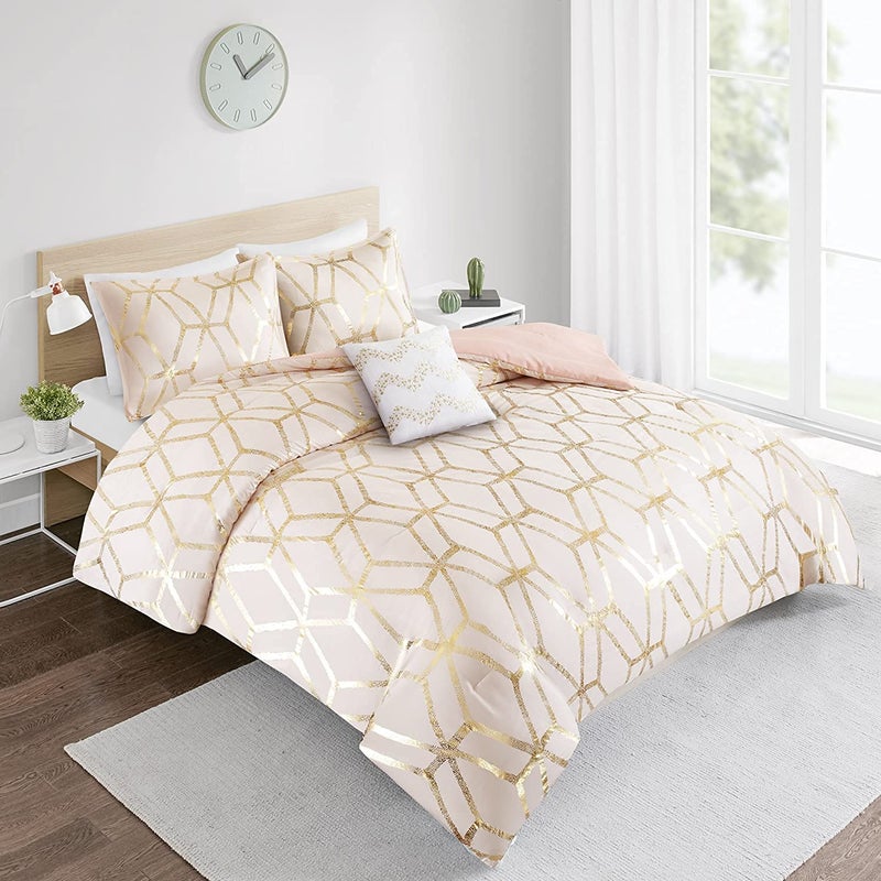 Comfort Spaces Vivian Comforter Set Ultra Soft All Season Lightweight Modern Geometric Glam Metallic Print Bedding, Matching Sham, Decorative Pillow, Full/Queen, Geometric Blush/Gold - Image 3
