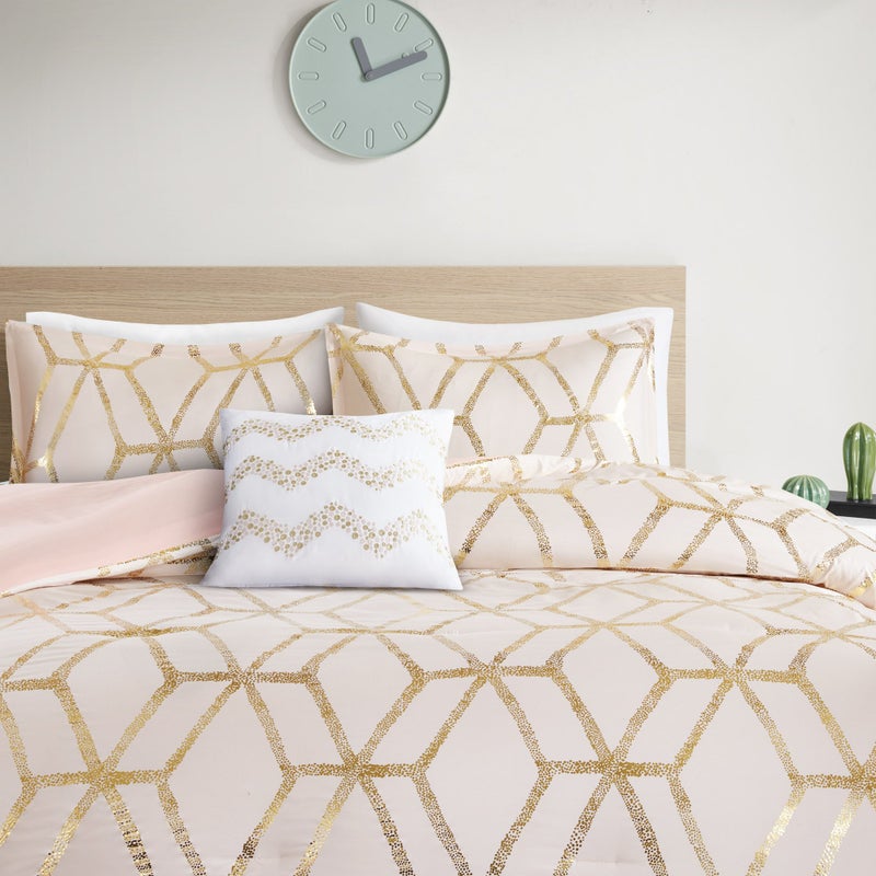 Comfort Spaces Vivian Comforter Set Ultra Soft All Season Lightweight Modern Geometric Glam Metallic Print Bedding, Matching Sham, Decorative Pillow, Full/Queen, Geometric Blush/Gold - Image 1