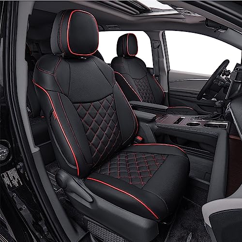 EKR Custom Fit Sienna Seat Covers for Select Toyota Sienna LE, XLE,XLE Plus,8-Passenger Seating,2nd Row 4/2/4 Split 8 Seats 2021-2024 - Three Row,Leather (Black with Red Piping) - Image 1
