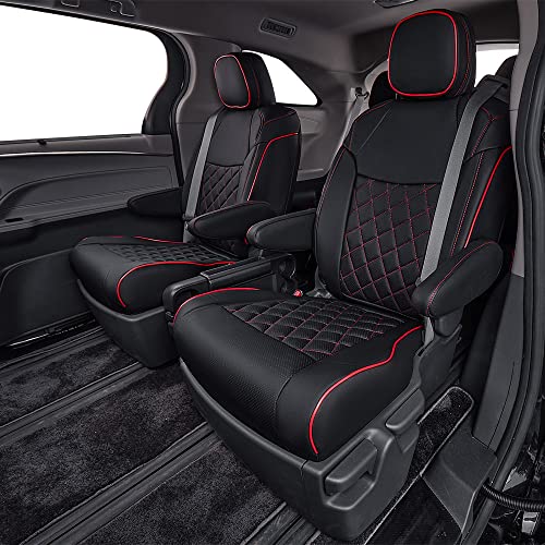 EKR Custom Fit Sienna Seat Covers for Select Toyota Sienna LE, XLE,XLE Plus,8-Passenger Seating,2nd Row 4/2/4 Split 8 Seats 2021-2024 - Three Row,Leather (Black with Red Piping) - Image 4