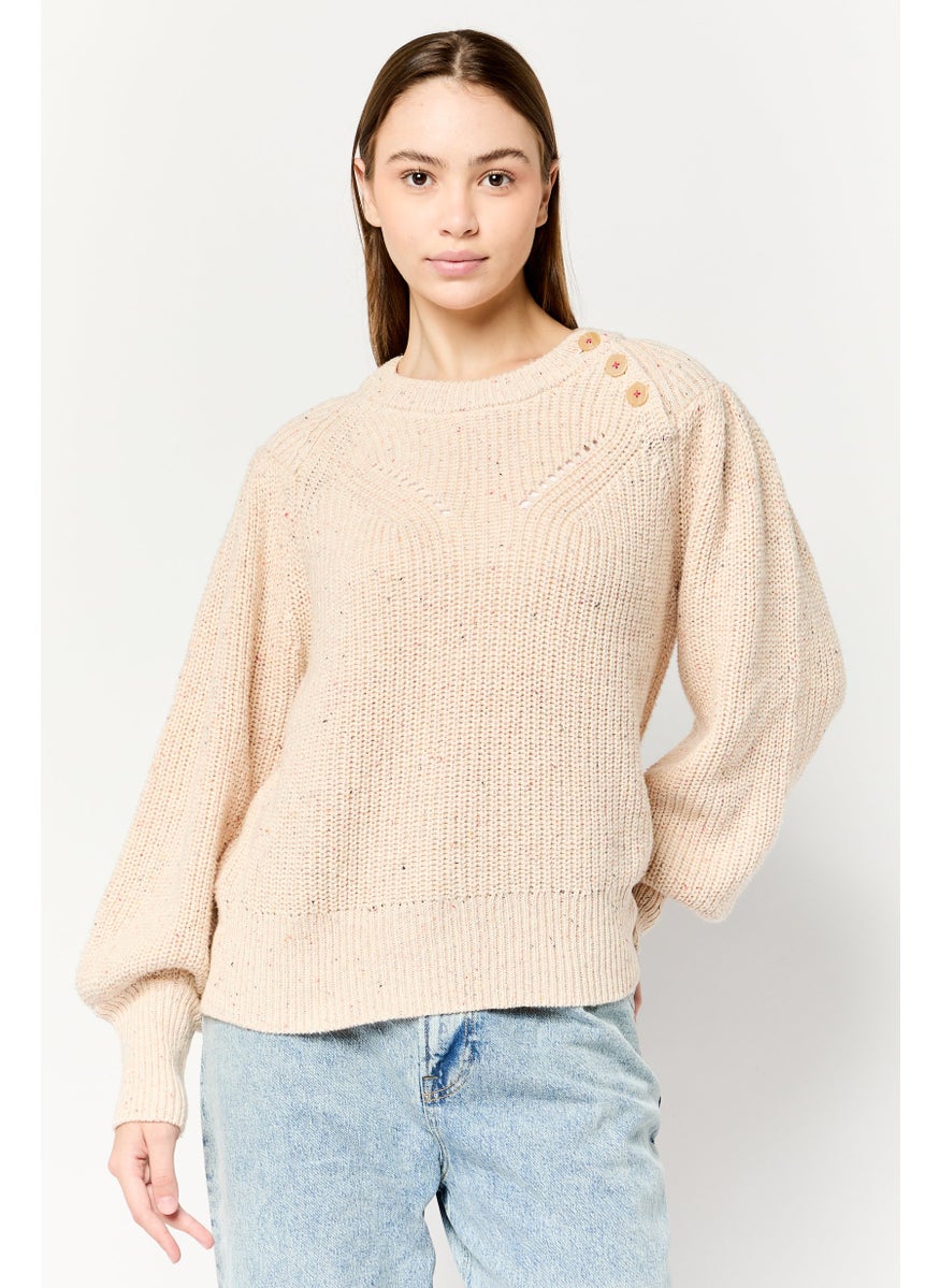 Scotch & Soda Women Crew Neck Long Sleeves Crochet Sweater, Beige  - Image 1