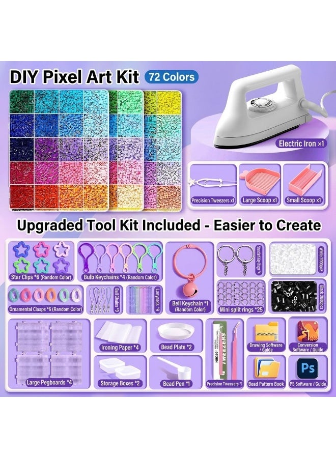 مجموعة خرز فيوز DIY 72 لونًا مع مكواة كهربائية وملاقط وإكسسوارات - مجموعة فن البكسل للأطفال والكبار - Image 1