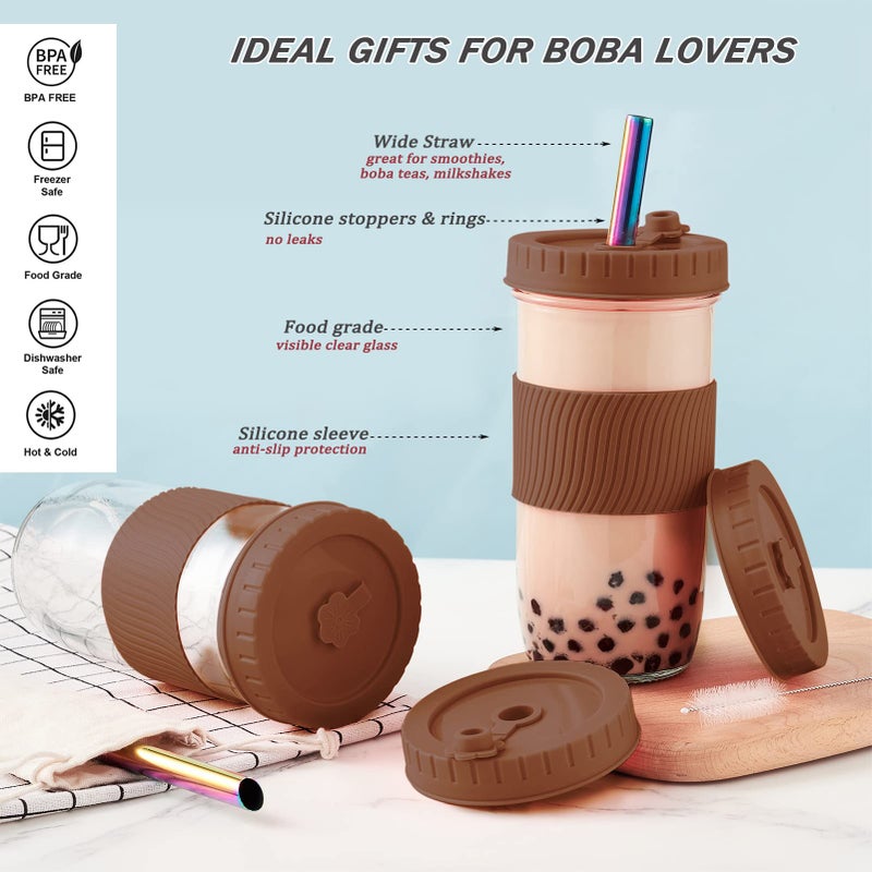 Amyoole 2 Pack Reusable Boba Cup 24Oz Wide Mouth Smoothie Cup mason Jar Glass Cups with Lids and Straws Bubble/Boba Tea Cups Ice Coffee Tumbler 2 colored straws 1 sponge brush(Brown) - Image 4