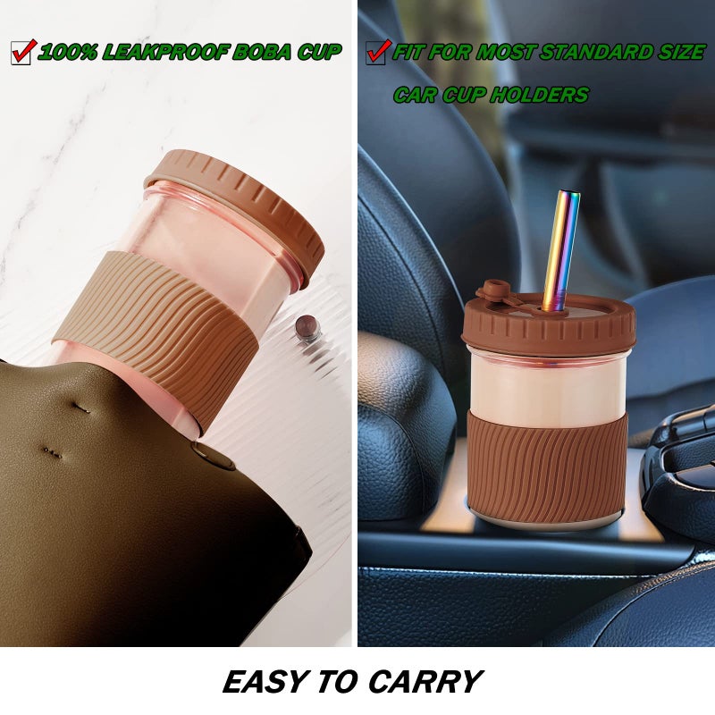 Amyoole 2 Pack Reusable Boba Cup 24Oz Wide Mouth Smoothie Cup mason Jar Glass Cups with Lids and Straws Bubble/Boba Tea Cups Ice Coffee Tumbler 2 colored straws 1 sponge brush(Brown) - Image 5