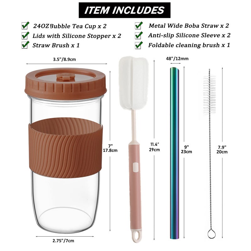 Amyoole 2 Pack Reusable Boba Cup 24Oz Wide Mouth Smoothie Cup mason Jar Glass Cups with Lids and Straws Bubble/Boba Tea Cups Ice Coffee Tumbler 2 colored straws 1 sponge brush(Brown) - Image 2