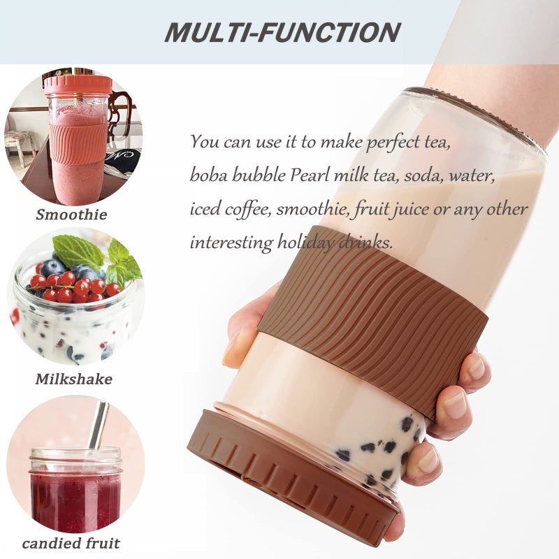 Amyoole 2 Pack Reusable Boba Cup 24Oz Wide Mouth Smoothie Cup mason Jar Glass Cups with Lids and Straws Bubble/Boba Tea Cups Ice Coffee Tumbler 2 colored straws 1 sponge brush(Brown) - Image 3