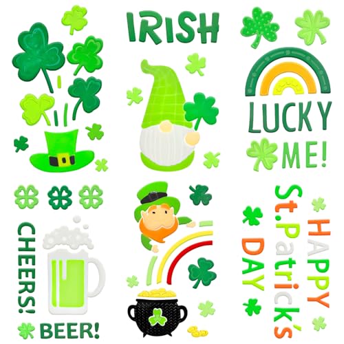 HOHUCRAB 6pcs St Patricks Day Gel Window Clings, Shamrock, Lucky Me, Irish, Rainbow, Gnome Gel Window Clings for St. Patrick's Day Decorations (St Patricks Day) - Image 1