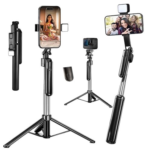 Kratos K19V2 Selfie Stick with Light 67 inch/1.7 M, 360° Rotation Handle for Anti Shake Shooting Tripod, Multifunctional Bluetooth Tripod for Mobile Phone Vlogging, Live Stream & Travel - Image 1