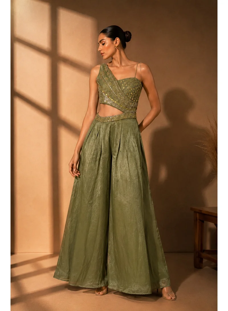 Lehar  Olive Green One-Shoulder Embroidered Crop Top Palazzo Set for Women | Best Price UAE