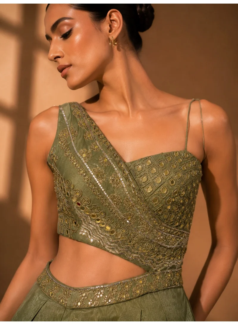 Olive Green One-Shoulder Embroidered Crop Top Palazzo Set